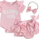 BeQeuewll Newborn Baby Girls Clothes Summer Daddys Girl Outfit Ruffle Romper Bow Tutu Shorts Heaband 3Pcs Girl Outfits (Pink, XS)