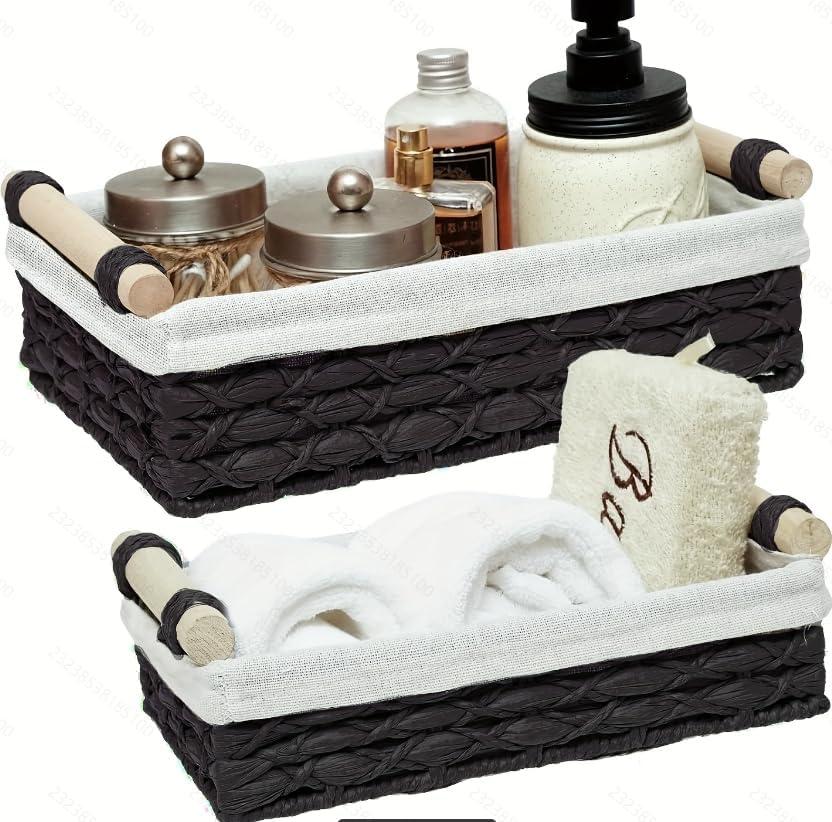 Set of 2 Black Bathroom Basket Organizers with Liner, Paper Rope Wicker Storage Baskets for Shelves, Bathroom Counter & Vanity, Wooden Handles for Towels & Toiletries