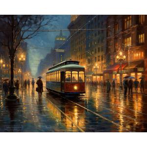 Blue Tram At Sunset With Church During Sunset Nautical & Coastal Framed Wall Art