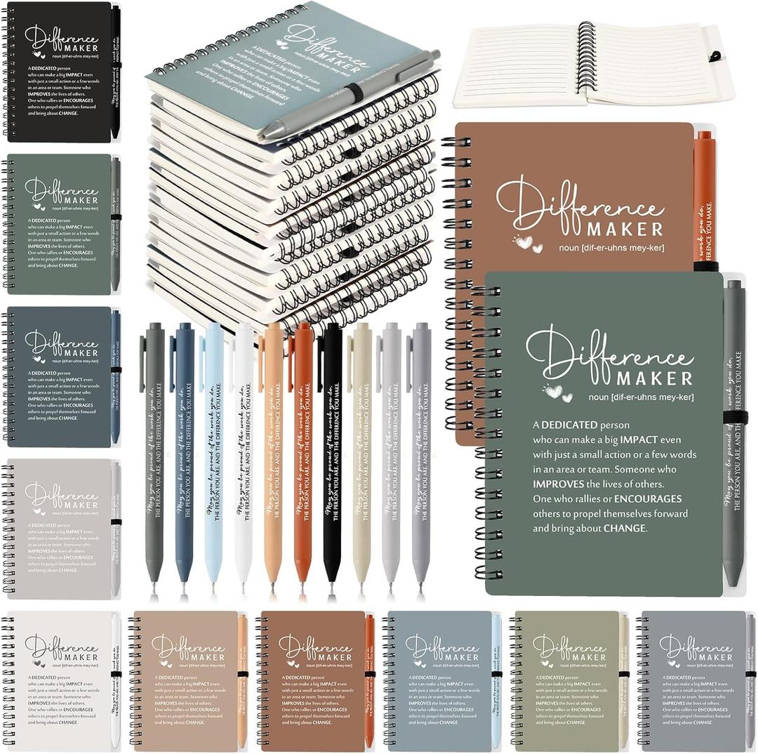 Difference Maker Employee Appreciation Gifts Bulk Inspirational A6 Spiral Notebooks Journal with Ballpoint Pens for Valentines Coworker Staff Team Office Gifts(Neutral Colors,10 Sets)