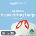 Amazon Basics 13 Gallon Tall Kitchen Drawstring Trash Bags, Clean Fresh Scent, 10% Post Consumer Recycled, 80 count