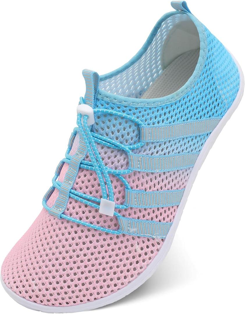 JIASUQI Athletic Hiking Beach Water Shoes Barefoot Aqua Swim Sports Walking Shoes for Women Men (6-7 Women/5-6 Men, Mesh Pink Blue)