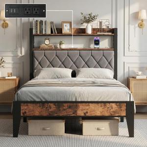 Twin Bed Frame with Upholstered Storage Headboard and Charging Station