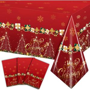 Christmas Tablecloth - 3 Pcs Disposable Plastic Table Covers 54x108 Inch, Holiday Snowflake Red Tablecloth Set for Rectangle Tables Xmas Decor for Home, Dinner Party & Winter Celebrations