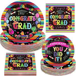 150 Pieces Mexican Graduation Party Tableware Set Mexico Graduation Party Decorations Disposable Dinner Paper Plates and Napkins Graduation Plates for 50 Guests Congrats Grad Party Supplies