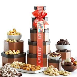 Birthday Gift Basket Tower for Women, Him, Gourmet Snacks & Sweets Food Gifts, Treat Box with Cookies, Delicious Treats, Candy Surprise by Broadway Basketeers