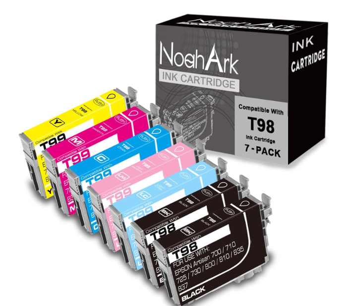 NoahArk 7 Packs T098 T099 Remanufactured Ink Cartridge Replacement for Epson 98 99 for Artisan 700 710 725 730 800 810 835 837 Printer (2 Black,1 Cyan,1 Magenta,1 Yellow,1 Light Cyan,1 Light Magenta)