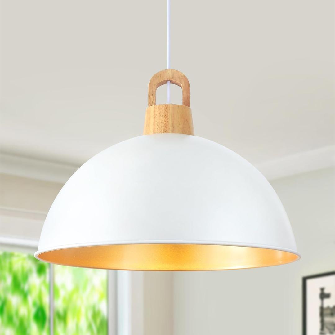 Generies 18'' Large Dome Pendant Lights for Kitchen Island, Farmhouse Modern Pendant Light Fixtures, White and Gold Wooden Adjustable Ceiling Hanging Lighting for Dining Room Bar Foyer Hallway