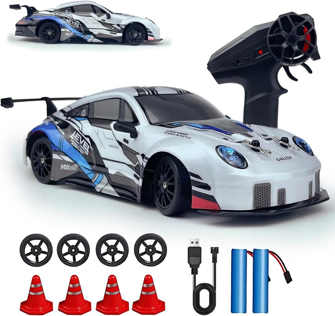 HTURCCOP RC Drift Car 2.4GHz 1:24 Scale 4WD High Speed Remote Control Cars Vehicle with LED Lights Two Batteries and Drifting Tires Racing Sport Toy Cars for Adults Boys Girls Kids (White)