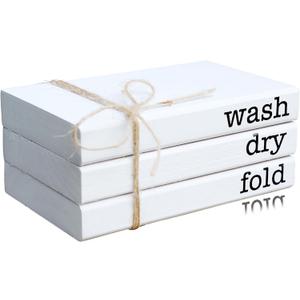 LIVDUCOT Mini Laundry Room Decor, Farmhouse Laundry Wooden Book stack, Cute Laundry Rules Tray Decor, Wash Dry Fold Sign