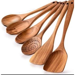 wooden Spoon 7 pics for Cooking - Smooth Finish Teak Woooden utensils for cooking- soft comfort-grip wood spoon for cooking-non-stick wooden cooking utensils- wooden spoon sets