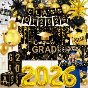 2026 Graduation Decorations Class of 2026 Black and Gold Congrats Grad Balloons,Banner,Backdrop,Photo Booth Props,Cards Boxes Kit for Graduation Party Decorations in Indoor or Outdoor (Graduation)