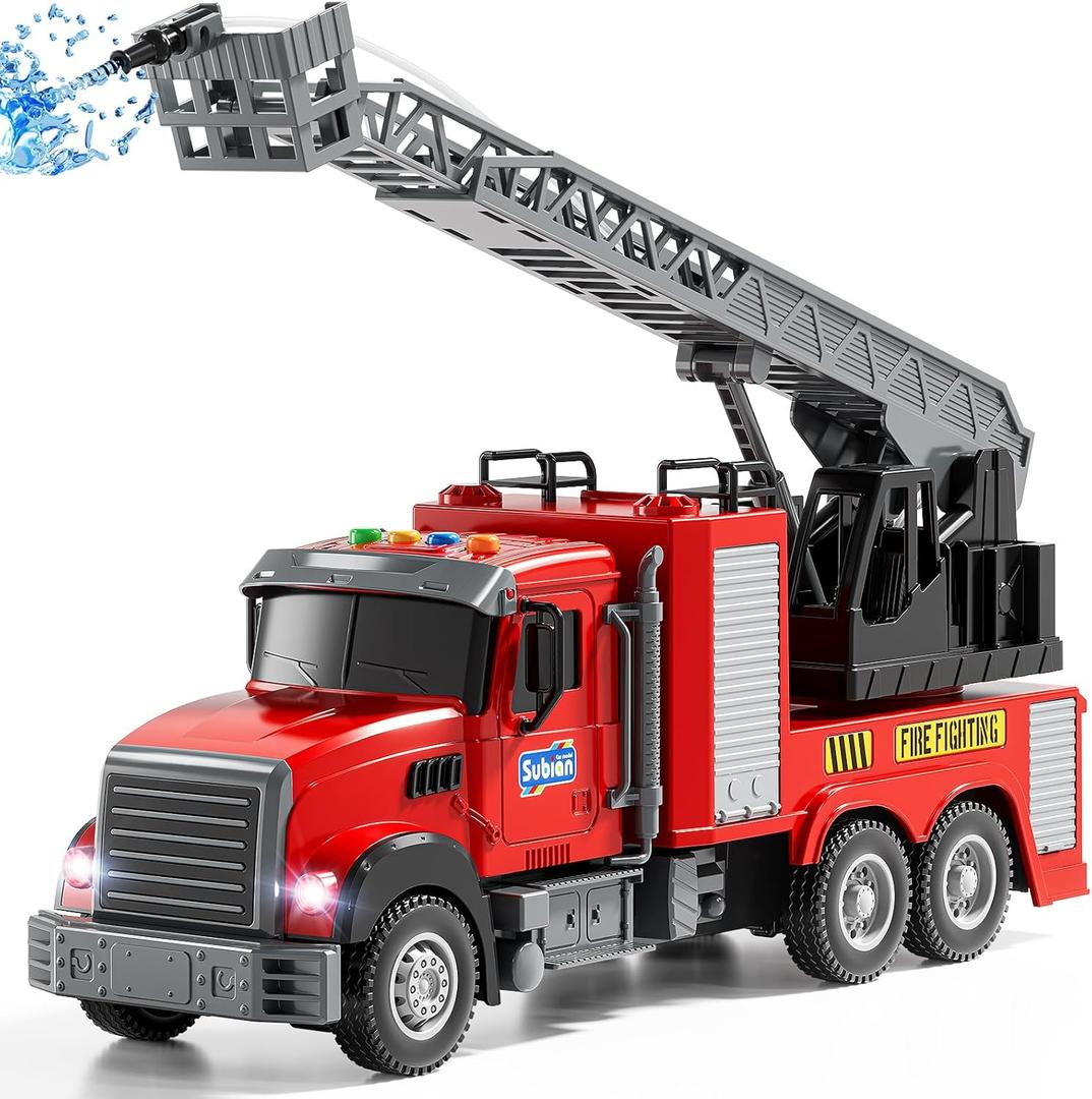 Kids Fire Truck Toy Friction Powered Fire Rescue Truck Vehicle Toy with Lights and Sirens Sounds, Water Pump, Ladder, Gifts for 3 4 5 6 7 8 Years Old Boys Girls
