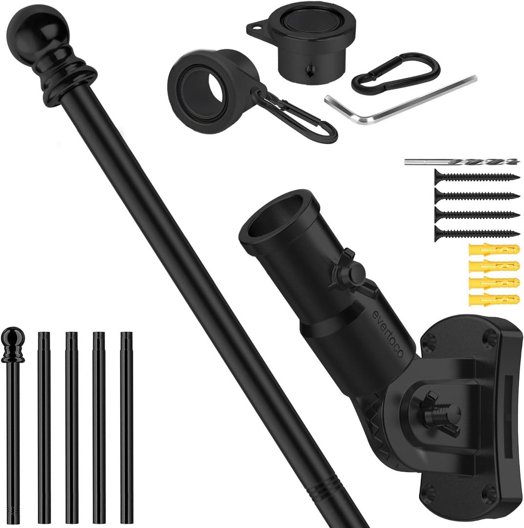 Heavy Duty T304 Stainless Steel Flag Pole Kit  6FT Thickened Black Flagpole with 180 Adjustable Bracket & Aluminum Alloy Rings, Windproof & Rustproof for Residential/Commercial Use