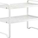 Metal Wire Cabinet Shelf - Multi-Functional Storage Solution for Kitchen, Pantry, Countertop & Under Cabinet - Spice Holder, Bookshelf & Cup Display Stand - White, 2-Tier 16" L