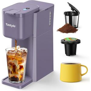 Tastyle Mini Hot and Iced Coffee Maker Single Serve, for K Cup and Ground, 6 to 14 Oz Brew Sizes, with Recipe Book, for Home, Travel, RV, Office and Dorm, Violet