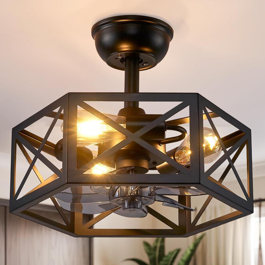 Black Ceiling Fans with Lights and Remote, Industrial Fandelier Ceiling Fan with Light for Bedroom, Farmhouse Bedroom Ceiling Fan with Light with Black Cage for Kitchen,Living Room (16.5INCH BLACK)