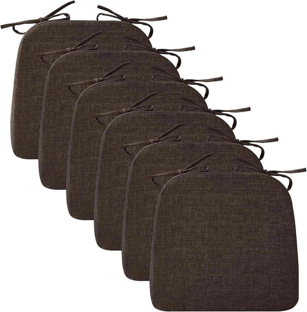Chair Cushions for Dining Chairs, 2" Thick Seat Cushions for Kitchen Chairs, D-Shaped Chair Pads with Washable Cover, Ties and Non Slip Backing, 17'' x 16'', Set of 6, Brown