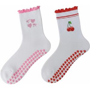 2 Pack Cute Pilates Grip Socks for Women Ruffle Frilly Yoga Socks Non Slip Cotton Crew Sock for Barre Workout