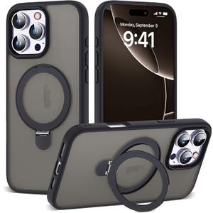 Designed for iPhone 16 Pro Max Case with Magnetic Ring Stand [Compatible with Mag-Safe] [Military Drop Protection] Shockproof Translucent Phone Cover 6.9" for Women Men,Black