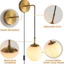 KUZZULL Wall Sconces Set of Two Plug in Wall Sconces Brushed Brass Gold Wall Lamp with Cord Wall Sconce Plug in with Globe White Glass Shade Sconces Set of 2 Wall Light Sconce