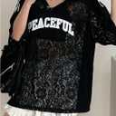 BEAUDRM Women's Oversized Lace Jersey Y2k Letter Graphic V Neck Short Sleeve Baggy Tee Shirts (L)