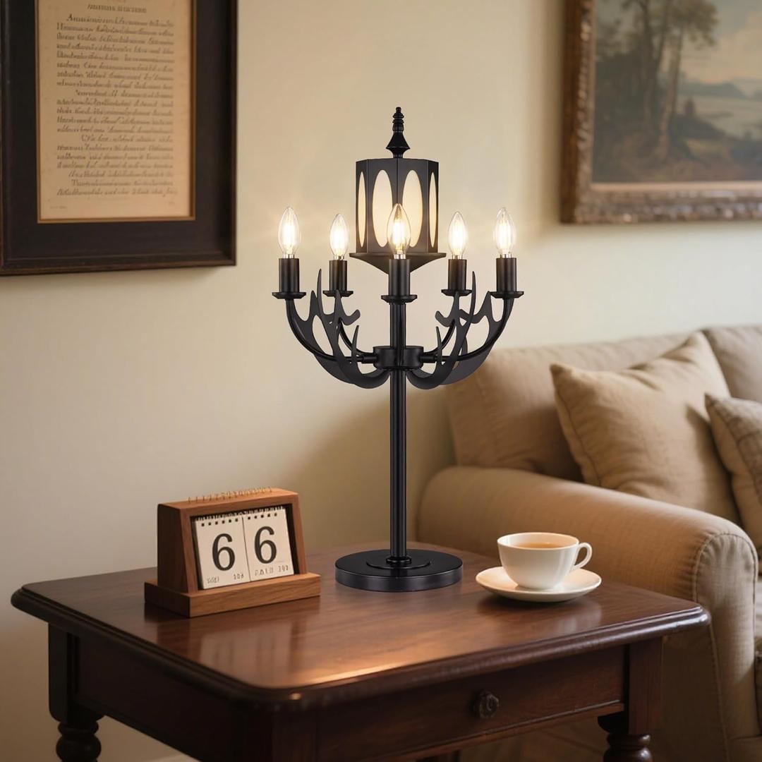 Wellmet Vintage Black Table Lamp, 5-Light Farmhouse Modern Table Lamp, for Living Room, Entryway, Hallway, Bedroom, Reading Room, (E12 Bulb Base)