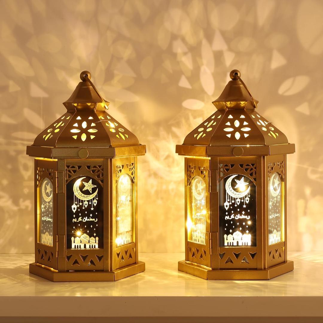 Ramadan Decorations for Home, 14'' Decorative Candle Lantern for Tabletop Mantel Decor, Vintage Metal Lantern Candle Holders for Indoor Outdoor Decor, EID Mubarak Gift (2 Pack, Gold)