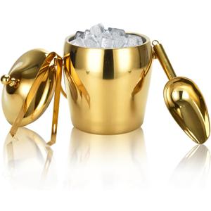 Ice Bucket Champagne Bucket with Tongs Scoop Lid, Double Wall Wine Bar Freezer Ice Bucket with Stand & Carrying Handle, Stainless Steel Mirror Bucket Champagne Bucket for Parties Bar Home,2L (Gold)