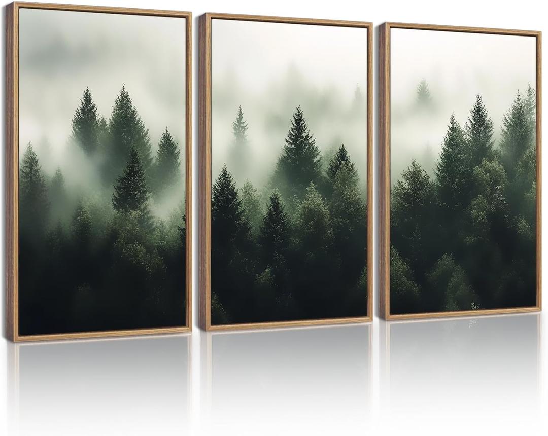KUVIOKE Green Fog Pine Tree Framed Wall Art Nature Nordic Forests Artwork Morden Painting Home Decor 12x16in (Natural Framed)