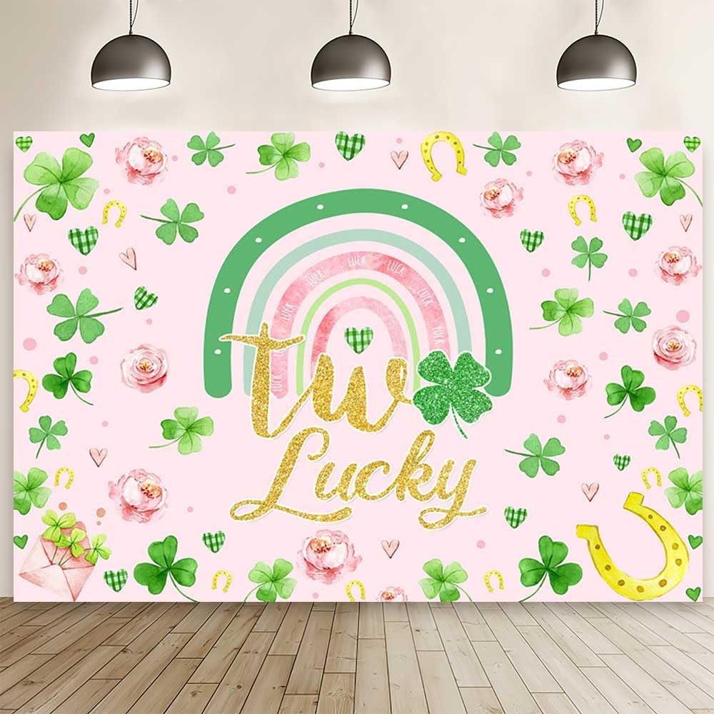 MEHOFOND 7x5ft Two Lucky Birthday Banner for Girl Green Shamrock Rainbow 2nd Birthday Banner Green Clover Pink Floral St Patrick's Day Backdrop for Photography Irish Festival Party Decorations