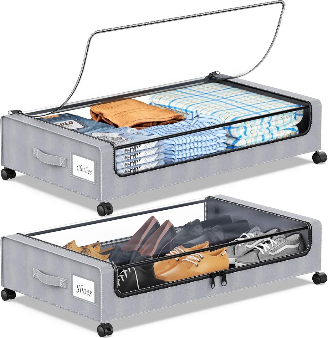 Under Bed Storage with Wheels, 2-Pack Under the Bed Storage Containers with Clear Lids & Label, Underbed Storage Bins, XXL 60L Rolling Metal Drawer for Clothes, Shoes, Toys, Books - Gray
