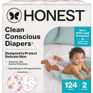 The Honest Company Clean Conscious Diapers for Delicate Skin | Up to 100% Leakproof | Hypoallergenic, Fragrance Free | Girl Prints | Super Club Box, Size 2 (12-18 lbs), 124 Count (Prints May Vary) (Rose Blossom + Tutu Cute)