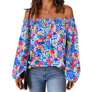KIRUNDO Off The Shoulder Tops for Women 2026 Spring Summer Tops Boho Floral Blouse Long Sleeve Shirts Fashion Clothing (S)