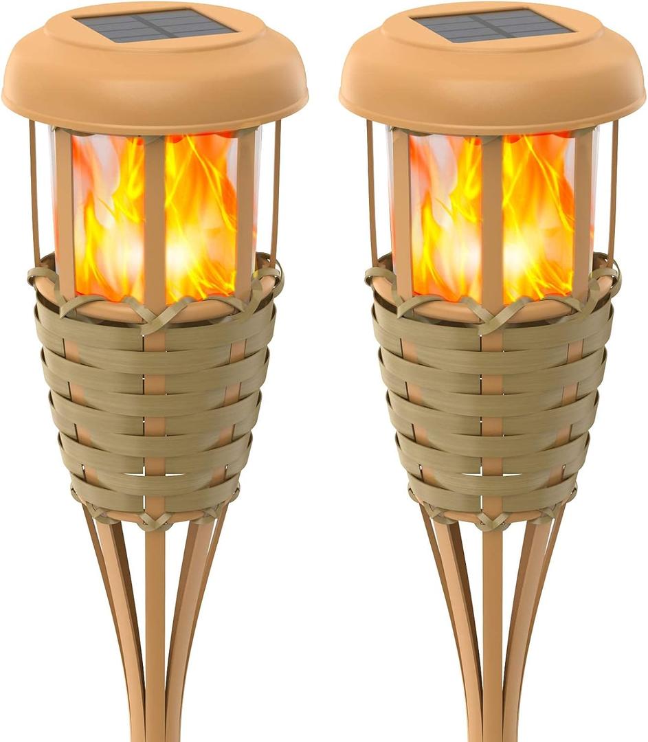 Flickering Flames Solar Powered Lights - Upgraded Solar Torches Waterproof Outdoor Decorative Lighting Auto On/Off, Handmade Bamboo Finish, 2-Pack