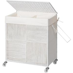 WOWLIVE Double Laundry Hamper with Lid, Handwoven Rolling Laundry Basket with Wheels, 115L Dirty Clothes Hamper with Removable Liner Bag Large Capacity Laundry Sorter Laundry Room Organization,White