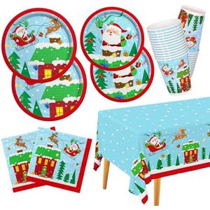 Christmas Party Supplies - Christmas Santa-Themed Disposable Paper Plates, Napkins and Cups Set with Waterproof Plastic Tablecloth - Perfect Party Decorations，Serve 25