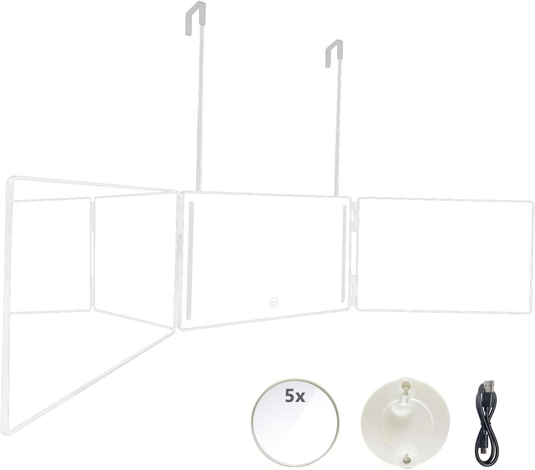 3 Way Trifold Mirror with Adjustable Height Brackets - Perfect for Haircuts, Dyeing Hair & Makeup - 5X Magnification (White with LED)