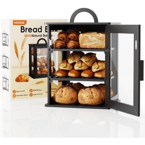 Black Bread Box for Kitchen Countertop, Bamboo Bread Storage Bin for Homemade with Window, Farmhouse Style Breadbox Organizer for Loaves, Pastries, and Snacks
