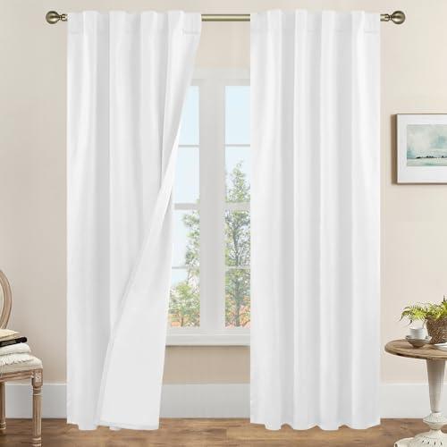 LAMIT White 100% Blackout Linen Curtains 84 Inches Long, Linen Textured Living Room Bedroom Curtains Full Room Darkening Back Tab and Rod Pocket Panels with White Liner, 2 Panels, 38 x 84 Inch