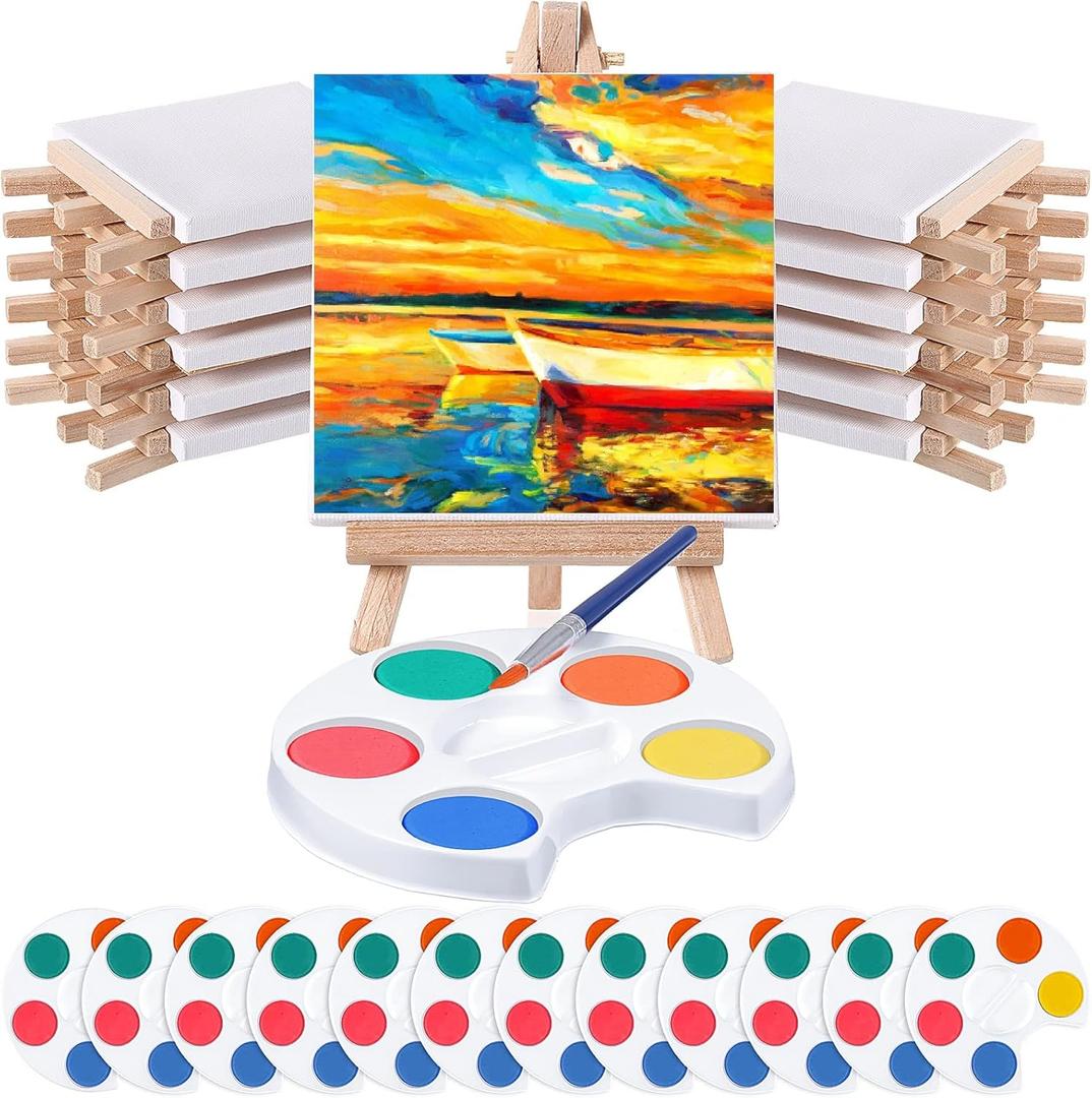 Crtiin Mini Watercolor Paint Set Gifts 4x4" Small Painting Kits Canvas with Easel Paints Brush Art Party and Watercolor Party Favor for School Classroom Birthday(12 Set)