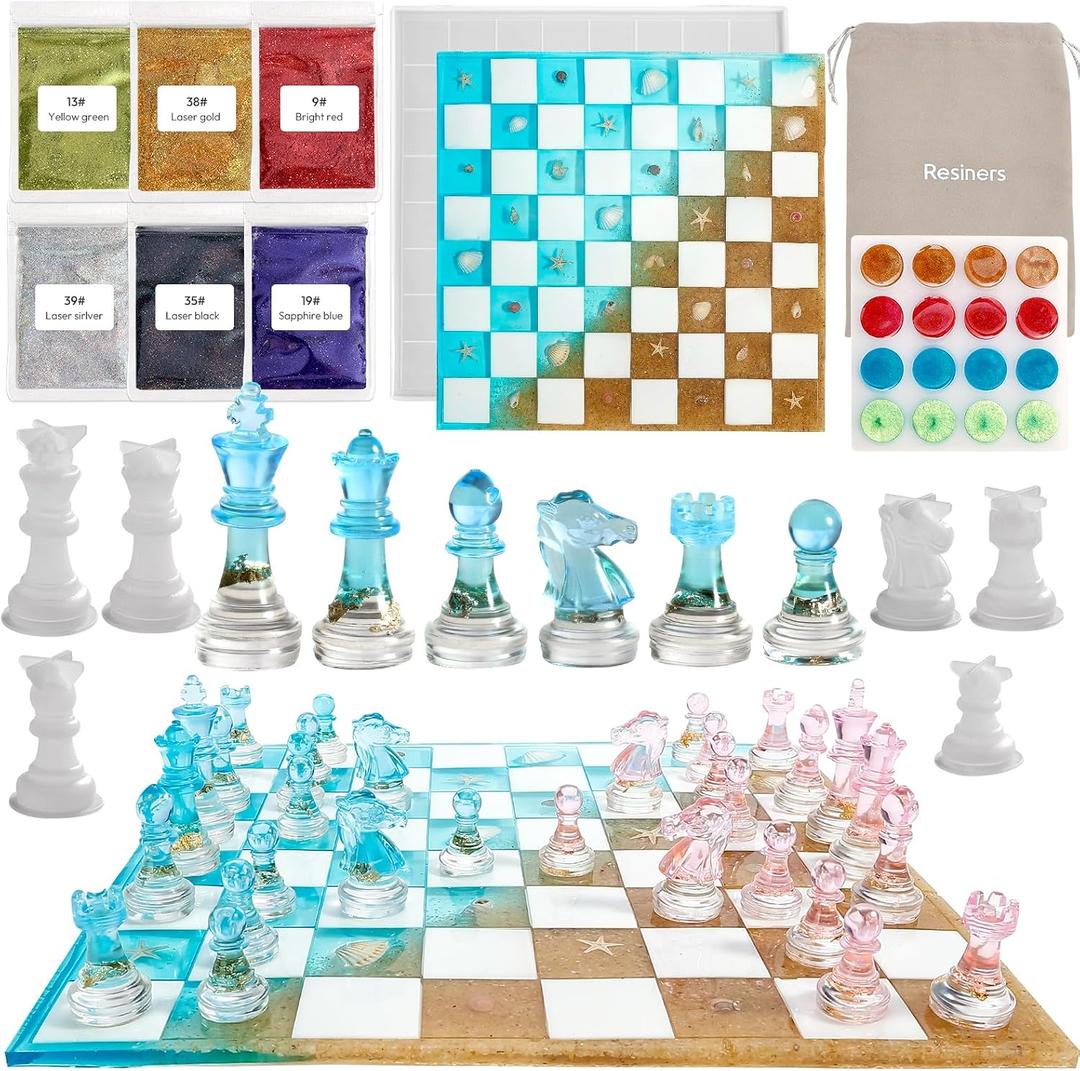 Chess Mold Set, Resiners Chess Molds for Resin Casting with Full Size 3D Silicone Chess Checkers & Chess Board, Epoxy Silicone Resin Molds for Family Party Board Games (Checkers & Chess Board)