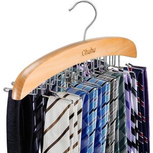 Tie Rack Hanger for Closet: Ohuhu 24 Folding Hooks Tie Hangers for Men Wooden Tie Holder Organizer Space Saving Necktie Storage 360 Degree Rotating Ties Belts Scarves Tank Tops Accessories-Burlywood (1 Pack)