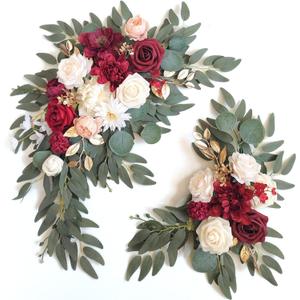 Faux Flower Swag Set of 2 for Wedding Welcome Signs Floral Swag Wedding Reception Ceremony Signs Decor (Red) (Burgundy Red & Cream)