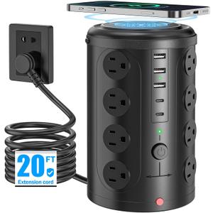 Tower Power Strip with 15W Wireless Charger, 20FT Extension Cord, 16 AC Outlets & 5 USB Ports (2 USB C)  Surge Protector for Office, Home, Dorm Room (Black)