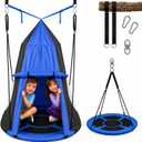 SereneLife Kids Tree Swing with Tent Cover | 40” Saucer Hanging Seat, Padded Frame for Indoor Outdoor Play, Detachable Tent Design, Durable Setup for Backyard Fun with Adjustable Ropes Included | Blue