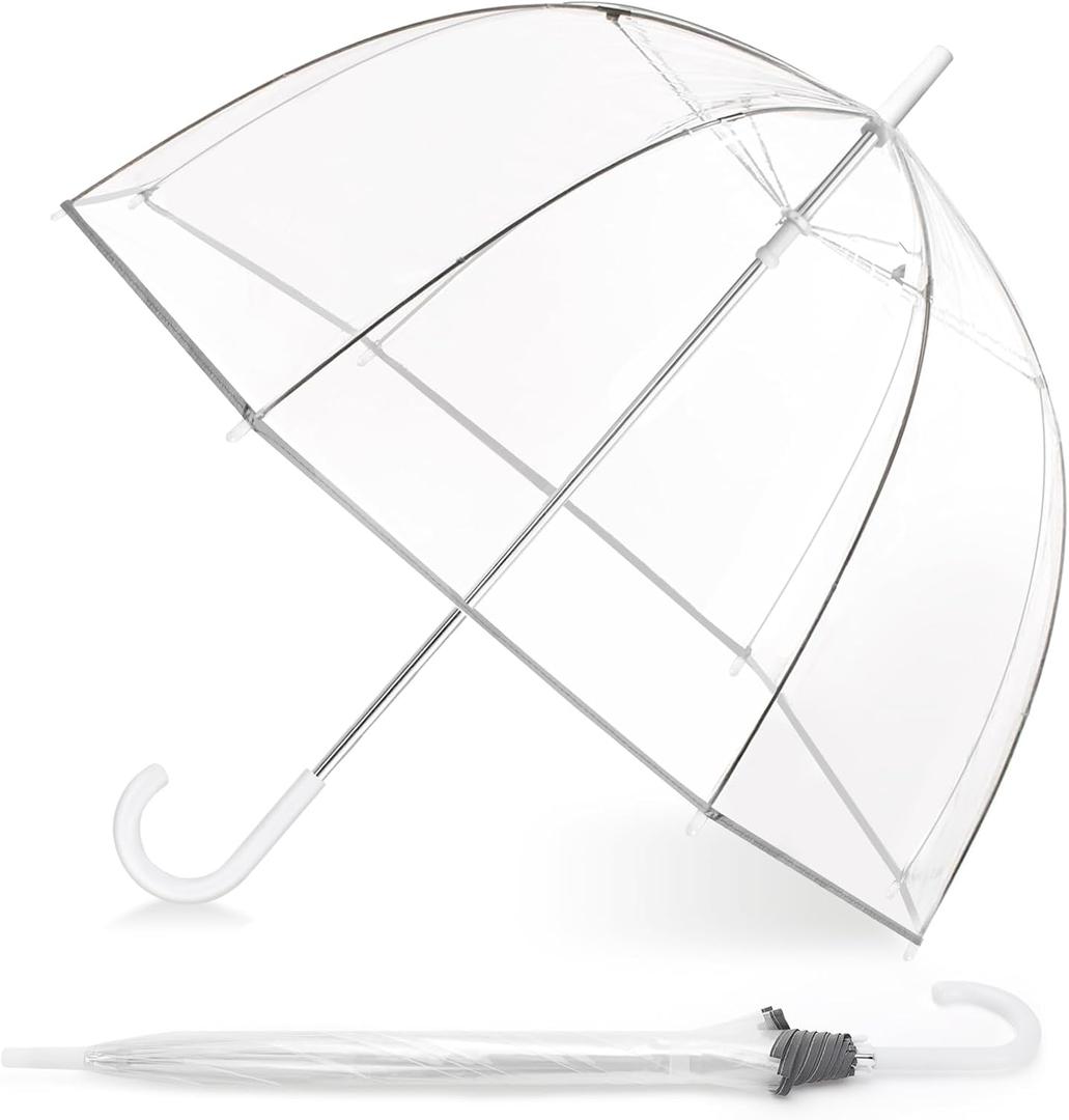 52 inch Clear Bubble Umbrella, Large Canopy Transparent Dome Coverage Stick Umbrella with Reflective Strip, Wedding Style European J Hook Handle Outdoor Umbrella for Women Adult (White Handle)