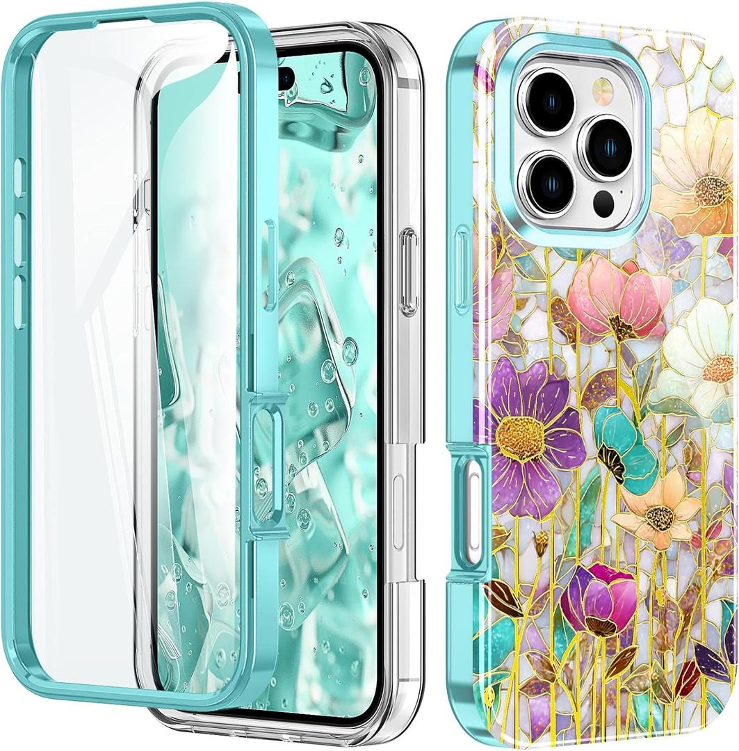 Cute Marble Case for iPhone 16 Pro Max 6.9 inch Built with Screen Protector, Lightweight and Stylish Full Body Shockproof Protective Rugged TPU Case for Women/Girls-Water Lily