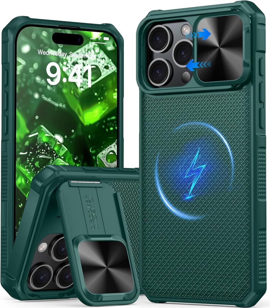 Magnetic for iPhone 16 Pro Case [Slide Camera Cover] [Compatible with Magsafe] [Kickstand] [Military Grade Protection] Shockproof Rugged Case for iPhone 16 Pro,Green