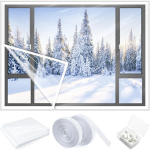 47 x 63 Inch EVA Window Insulation Kit - Heavy Duty Adjustable Film with 2 Hook & Loop Straps & 10 Thumbtacks, Reusable Thermal Insulation for Winter, Breathable Weatherproof Home Protection (S)